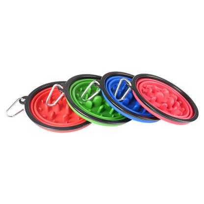 Four colorful silicone dog bowls with carriers on a white background