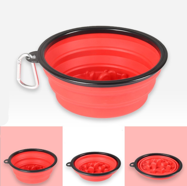 Red collapsible bowl with black rim and carabiner on a white background. 3 more shots showing the different levels of collapsing.
