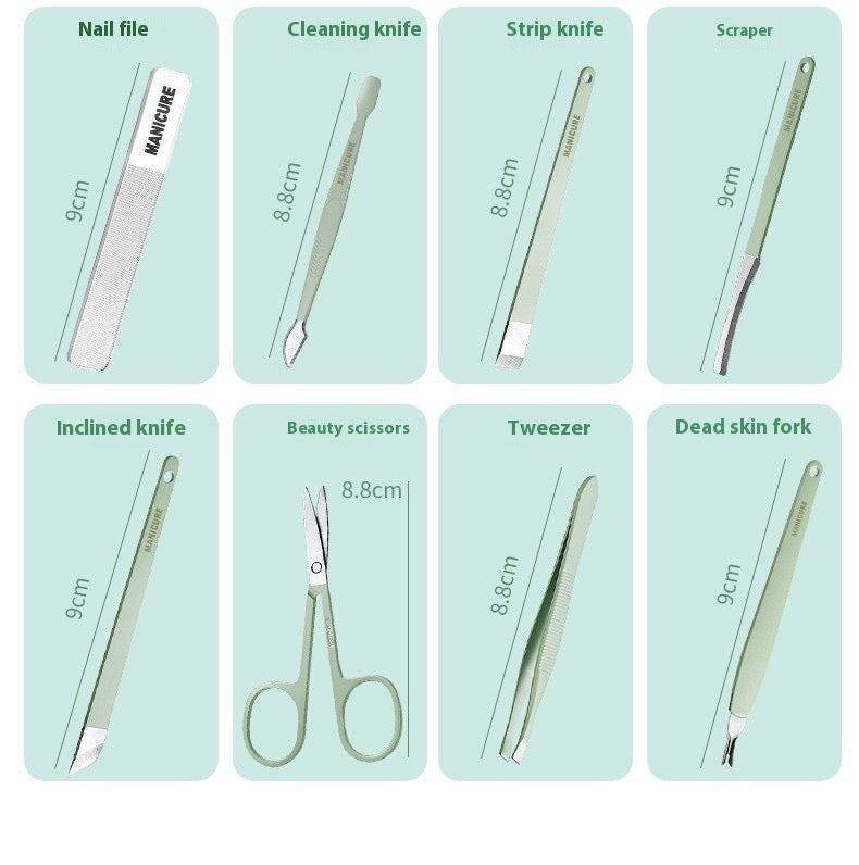 Set of mani-pedi nail tools with labels on a light green background