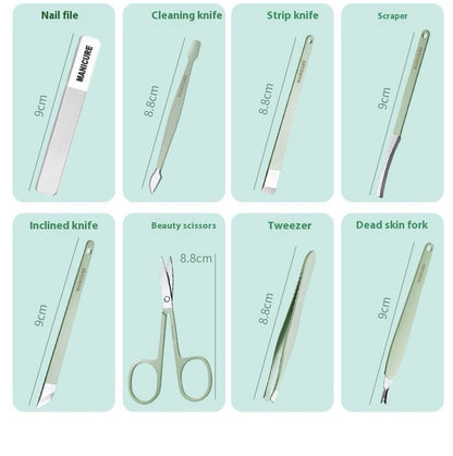 Set of mani-pedi nail tools with labels on a light green background