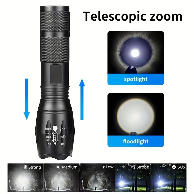 Black flashlight with telescopic zoom feature and light modes displayed on a white background. Options include, strong, medium, low, stone and SOS