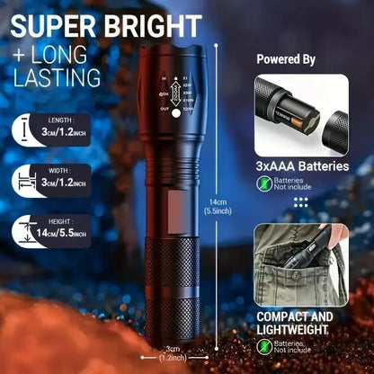 UltraBright Tactical LED Flashlight – 5-Mode Zoom, Waterproof, Heavy-Duty Aluminum