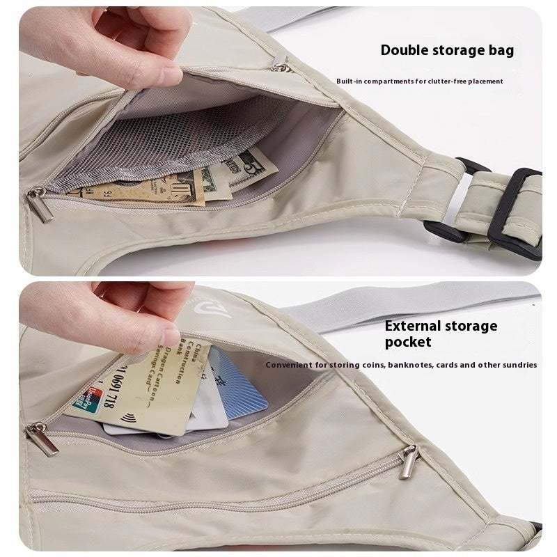 Beige waist bag with compartments for money and cards on a white background