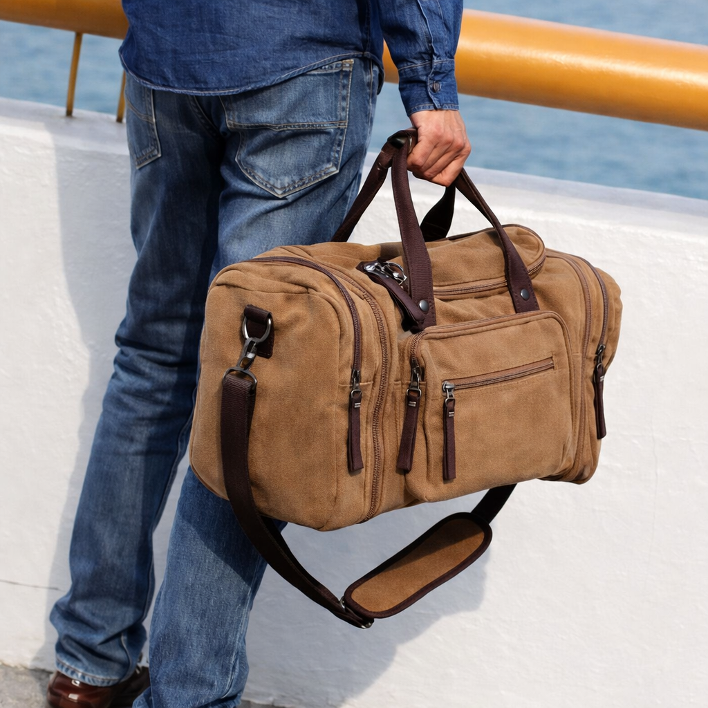 Person holding a brown duffel bag by a waterfront