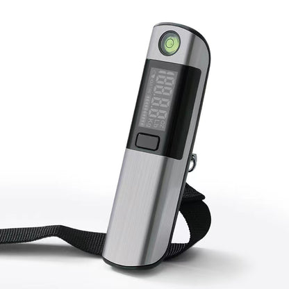 Digital luggage scale with a black strap on a white background
