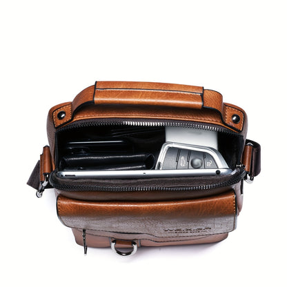 Brown leather bag birds eye view with a set of keys and wallet inside on a white background