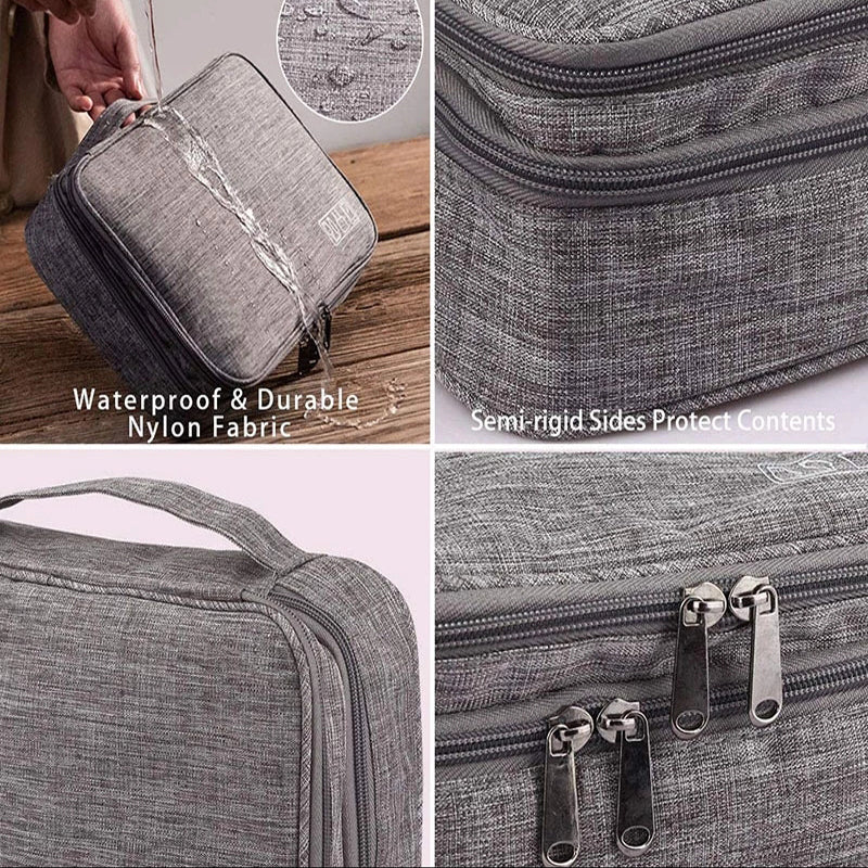 Gray travel case with text highlighting features like waterproof fabric and semi-rigid sides. Metal Zippers