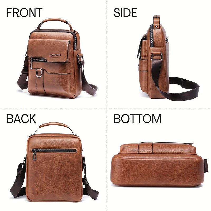 Brown leather crossbody bag shown from front, side, back, and bottom angles.