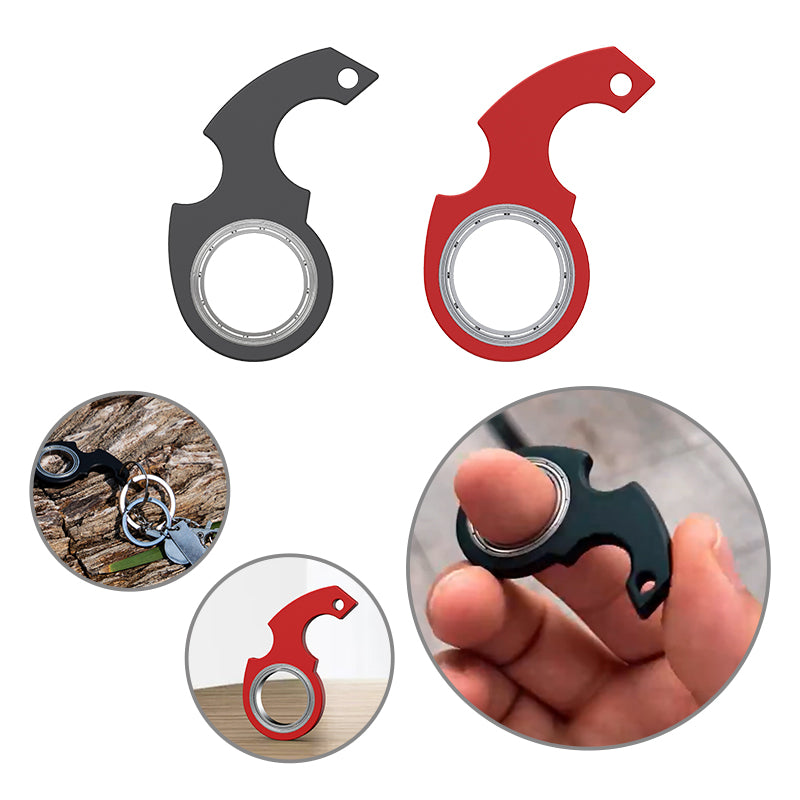 Black and red fidget spinner with close-up images on a white background