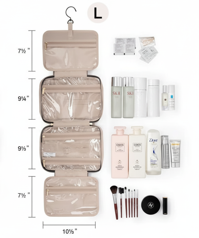 Beige hanging toiletry bag with measurements and cosmetic products displayed on a white background