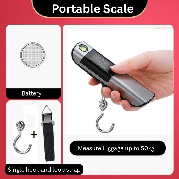 Portable digital scale with battery, hook, and strap on a red background