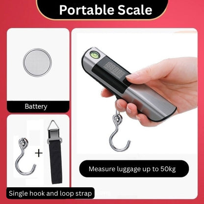 Portable digital scale with battery, hook, and strap on a red background