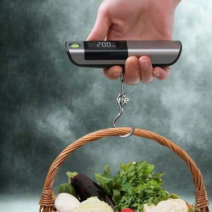 Digital kitchen scale being used to weigh vegetables in a basket against a gray background