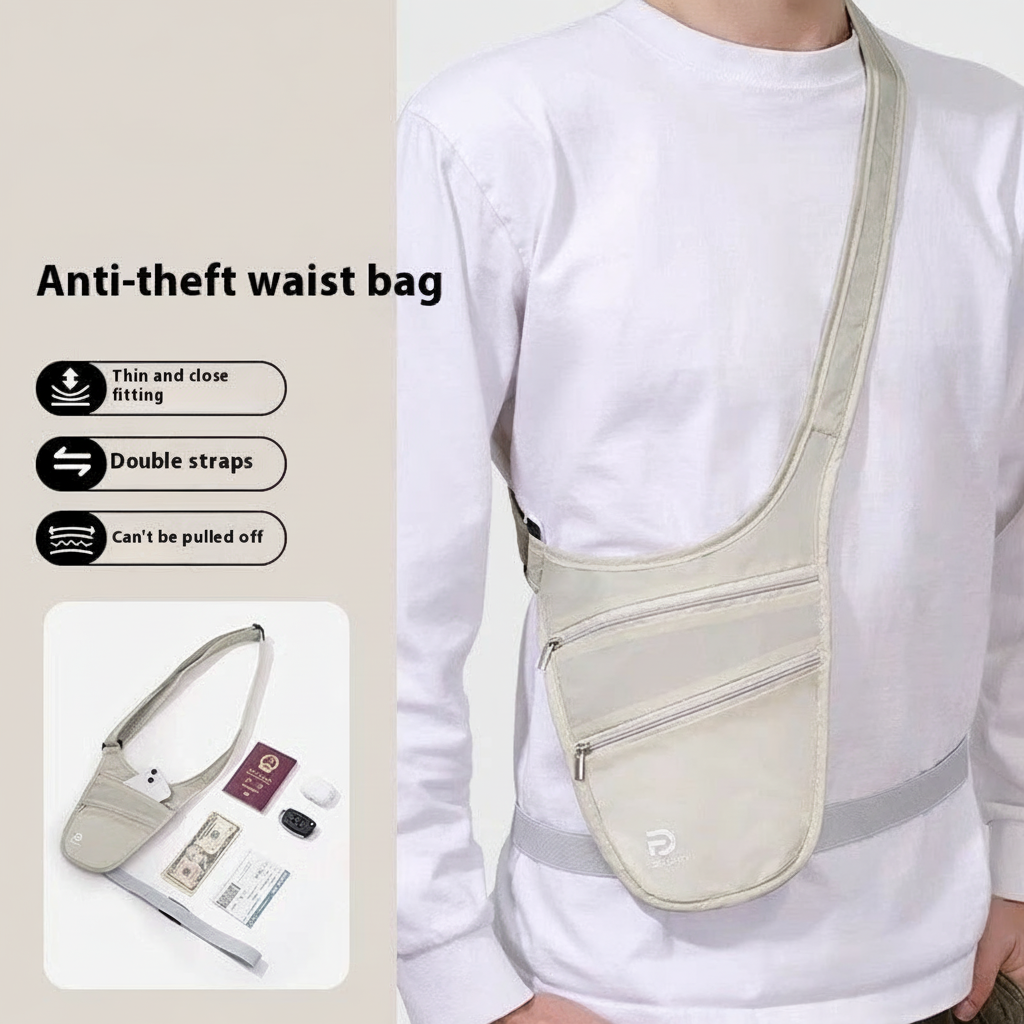 Beige anti-theft waist bag worn by a person with features highlighted on the left. It is has a cross body shoulder strap and an additional strap to fasten to the persons waist 