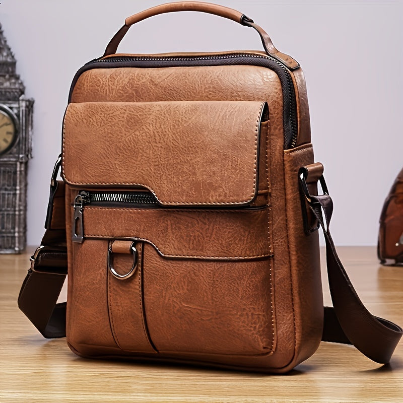 Brown leather backpack on a wooden surface with a blurred background